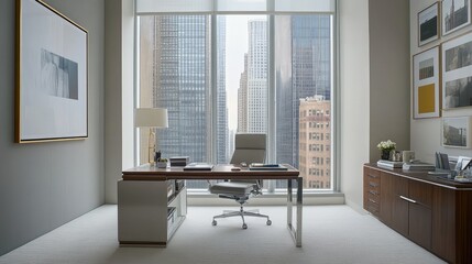 Spacious modern office featuring a clean desk setup, subtle decor, and a professional layout. Large windows provide bright natural lighting.