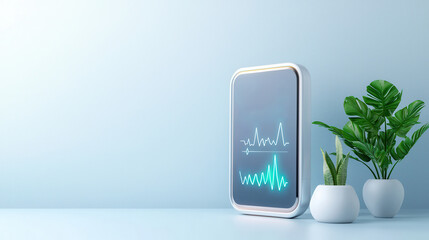 Wellness Futurism Concept. Modern Health Monitor Displaying Heart Rate and Oxygen Levels Next to Indoor Plants in a Bright Room