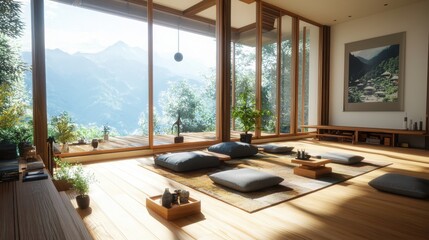 Fototapeta premium Zen-inspired living room design mountain view interior decor natural light tranquil atmosphere emphasis on simplicity