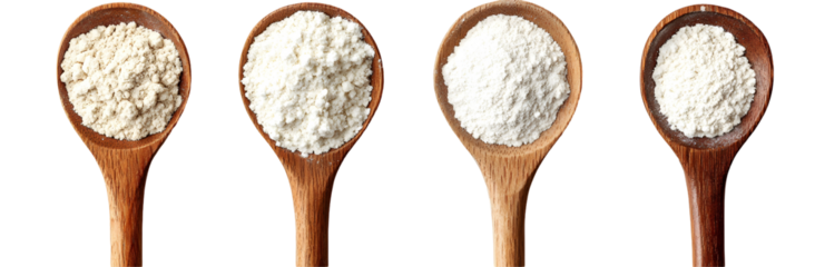 Wooden Spoons Holding Various Flours, Isolated on White Background