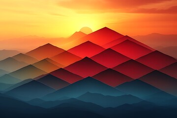 Sunset over layered, geometric mountains.