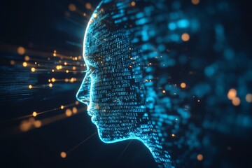 A human silhouette filled with binary code symbolizing the intersection of humanity and AI technology.