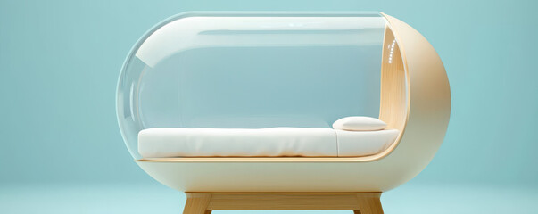 Wellness Futurism Concept. Futuristic Transparent Sleeping Pod with Digital Interface and Smooth Design for Rest and Relaxation