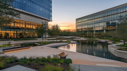 Sunset view of office towers with glowing reflections on glass surfaces, surrounded by landscaped pathways. Spacious composition.