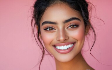 A radiant smile with perfect white teeth, lips slightly parted, against a pastel pink background