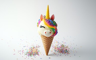 A rainbow sherbet ice cream cone shaped like a unicorn, with a candy horn and sprinkles on a clean white background