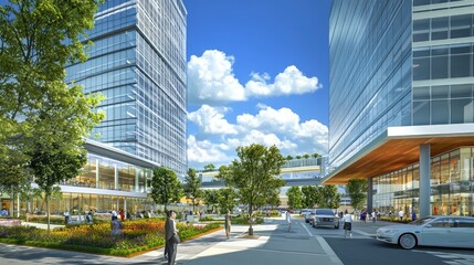 Obraz premium Urban business center with tall, modern office buildings, clean surroundings, and landscaped walkways under bright daylight.