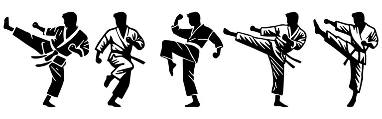 Karate Silhouette Set for Martial Arts, Sports, Action Flat Vector Illustration