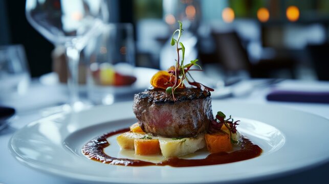 A gourmet meal beautifully plated at an upscale restaurant, Culinary scene, Elegant style - Powered by Adobe