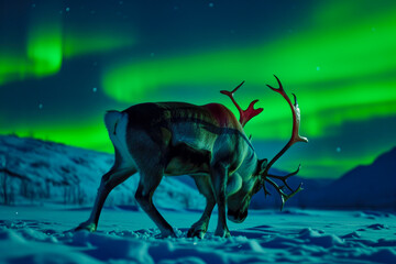 Majestic Reindeer Under the Northern Lights in a Snowy Arctic La