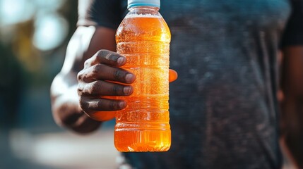 A hand holds an orange sports drink bottle