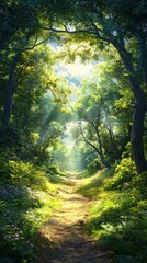Naklejka premium Sunlight filtering through trees illuminates wildflower-lined path in enchanting forest scene nature photography peaceful environment vibrant viewpoint