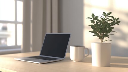 Workspace with a laptop, potted plant, and a mug of coffee on a light wooden desk in a brightly lit room.