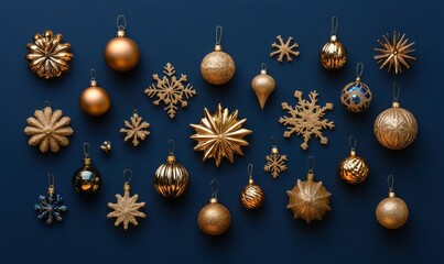 Fototapeta premium A flat lay of gold Christmas ornaments arranged on a dark blue background, featuring snowflakes and baubles