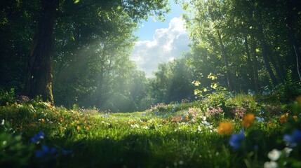 Fototapeta premium Tranquil wildflower meadow nature landscape bright sunlight peaceful environment scenic viewpoint enchanting atmosphere