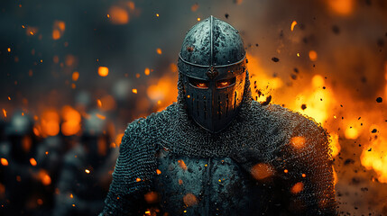 Fototapeta premium Powerful Medieval Knights in Full Armor, Adorned with Historic Designs, Set Against Majestic Landscapes, Embodying Strength, Honor, and Courage.