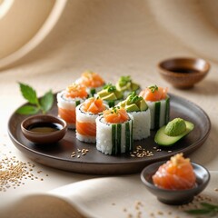 Keto sushi platter features cucumber-wrapped rolls filled with cream cheese, smoked salmon, and avocado, served with a side of soy sauce and wasabi.