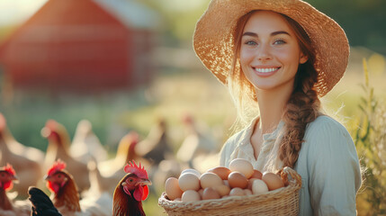 Portrait of smiling young woman farmer in hat holding basket with fresh organic eggs in hands against background of free range chickens on red farm