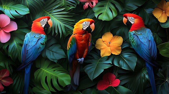Colorful macaws preening in lush tropical jungle nature scene close-up
