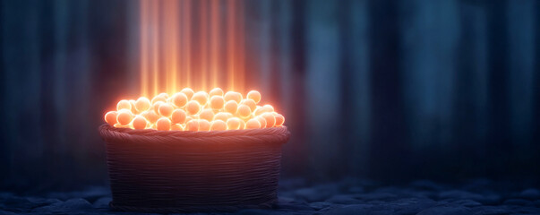 A glowing basket of coals radiating warmth in a dimly lit environment.