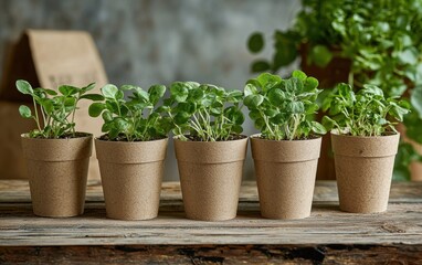 Fototapeta premium A set of biodegradable plant pots with fresh green seedlings, displayed on a wooden surface