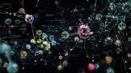 An abstract visualization of drug design, showcasing molecular structures floating above the dark background, with digital chemical equations and lines of code weaving around them. The composition 