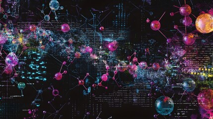 Fototapeta premium An abstract visualization of drug design, showcasing molecular structures floating above the dark background, with digital chemical equations and lines of code weaving around them. The composition 