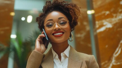 African American woman talking on phone wearing glasses