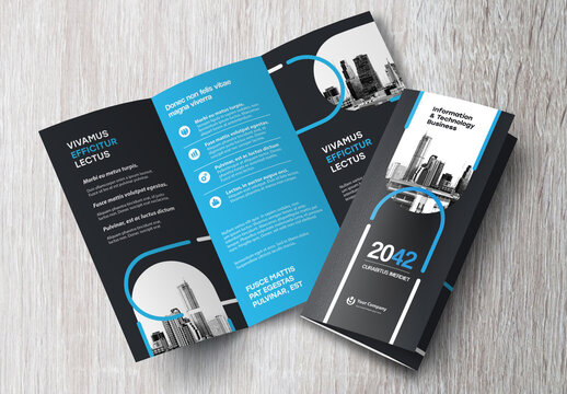 Corporate brochure design template &ndash; Professional modern tri-fold leaflet with geometric layout and business theme in Blue and Black.