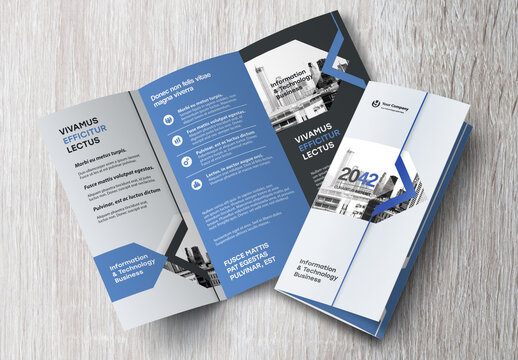Corporate brochure design template &ndash; Professional modern tri-fold leaflet with geometric layout and business theme in Blue and Black.