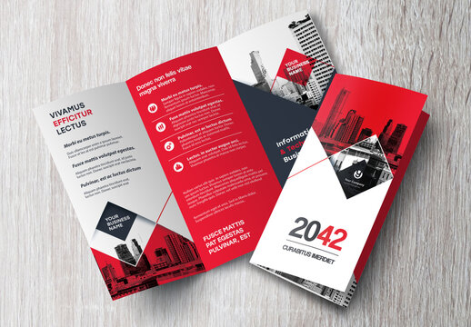 Corporate brochure design template &ndash; Professional modern tri-fold leaflet with geometric layout and business theme in Red and Black.