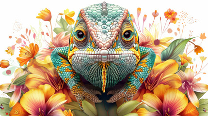 Fototapeta premium Chameleon in Bloom: A vibrant chameleon, its skin shimmering with teal and gold hues, sits serenely amidst a profusion of bright orange and yellow flowers.