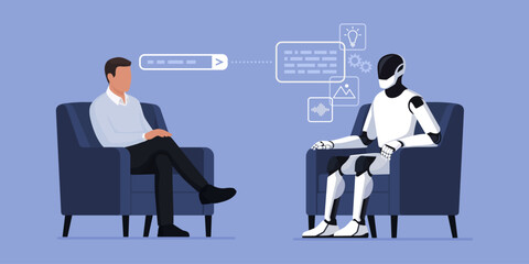 Man talking with a humanoid AI robot