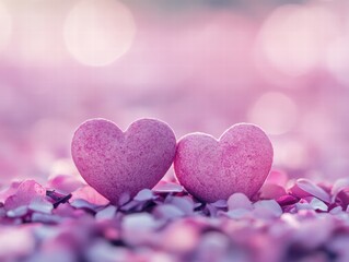 Two pink hearts are on a pink background