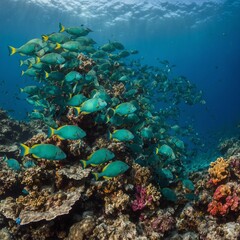 Obraz premium A vibrant shoal of parrotfish munching on coral in a tropical marine sanctuary.