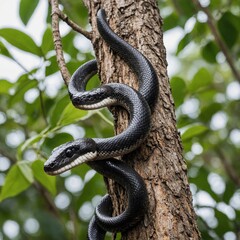 Obraz premium A black rat snake climbing a tree on a white background.