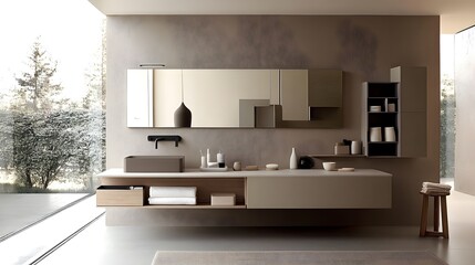 A minimalist bathroom design with a floating vanity, minimalist toiletries, and a neutral color palette. The room showcases a clean, hygienic atmosphere with a spacious feel, using only essential 