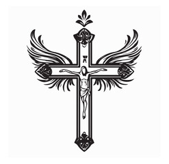 Christian cross, black and white vector silhouette illustration of religious cross shape on white background.