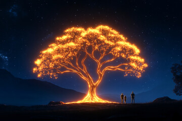 A glowing tree emits radiant light under a starry sky, creating a magical atmosphere.