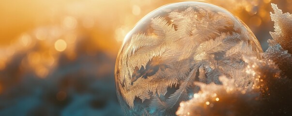 A frozen soap bubble with intricate frost patterns in the morning sun, 4k photo.