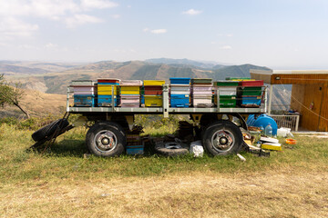 Obraz premium A truck is parked in a field with a lot of bees in it. The truck is full of beehives and is parked in a grassy area