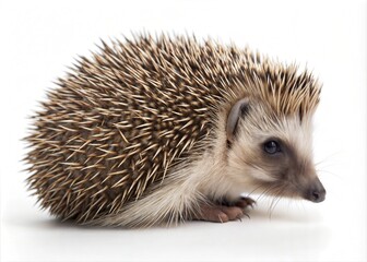 Obraz premium Photo Montage of Small Hedgehog Curled Into a Ball, Spines Facing Outward on White Background