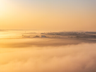 Sunrise and fog in rural forest