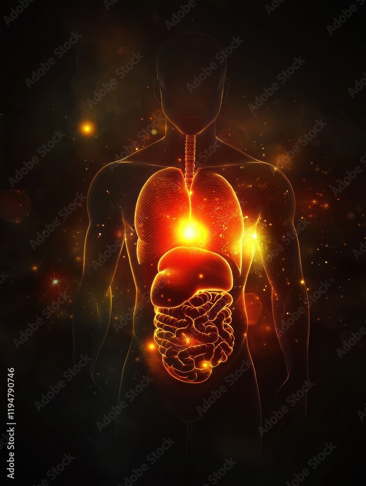 Poster Glowing human torso with red focal point illuminating the stomach area in a dark background. Generative AI