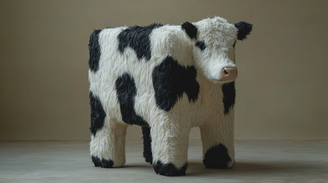 A surreal milk carton covered in black-and-white cow fur, featuring a realistic cow udder protruding from one side, isolated on a neutral background,