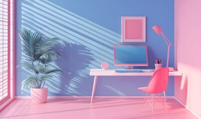 Fototapeta premium Pastel workspace with computer, plant, and chair.