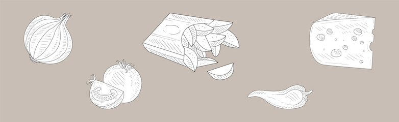 Fast Food and Appetizing Snack Sketch Drawing Vector Set