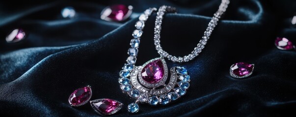 Obraz premium A glamorous jewelry set on a black velvet background with shining gemstones, 4k photo.