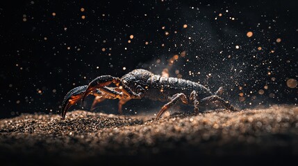 Fototapeta premium Scorpion in a dramatic close-up, illuminated by scattered light particles against a dark background. Highlights danger, nature, and survival. Generative AI
