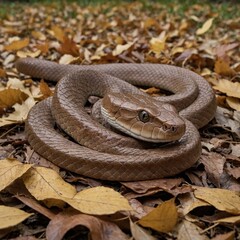 Fototapeta premium A copperhead in autumn leaves with a white background.